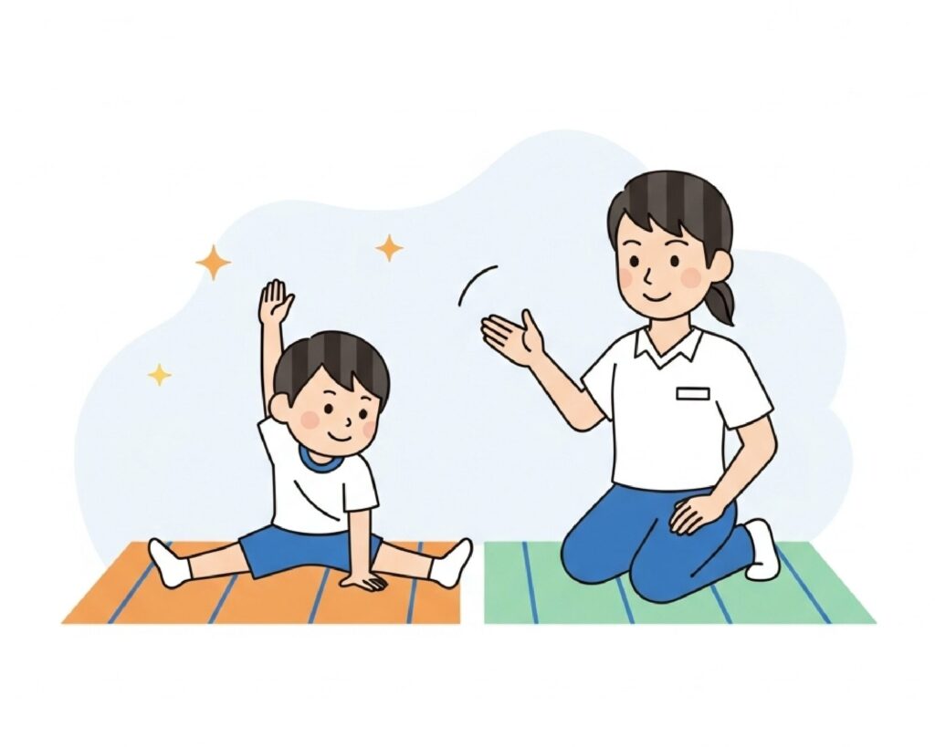 マットの上で楽しく運動する子どもたちのイラスト